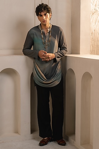 Grey Silk Crepe Draped Kurta Set by Jatin Malik