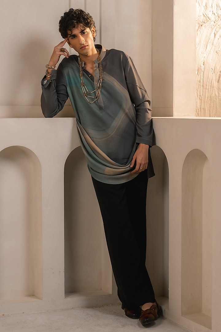 Grey Silk Crepe Draped Kurta Set by Jatin Malik at Pernia's Pop Up Shop