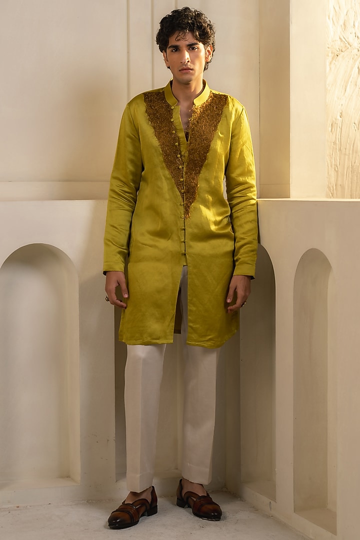 Gold Moss Linen Silk Zari Embellished Kurta Set by Jatin Malik at Pernia's Pop Up Shop