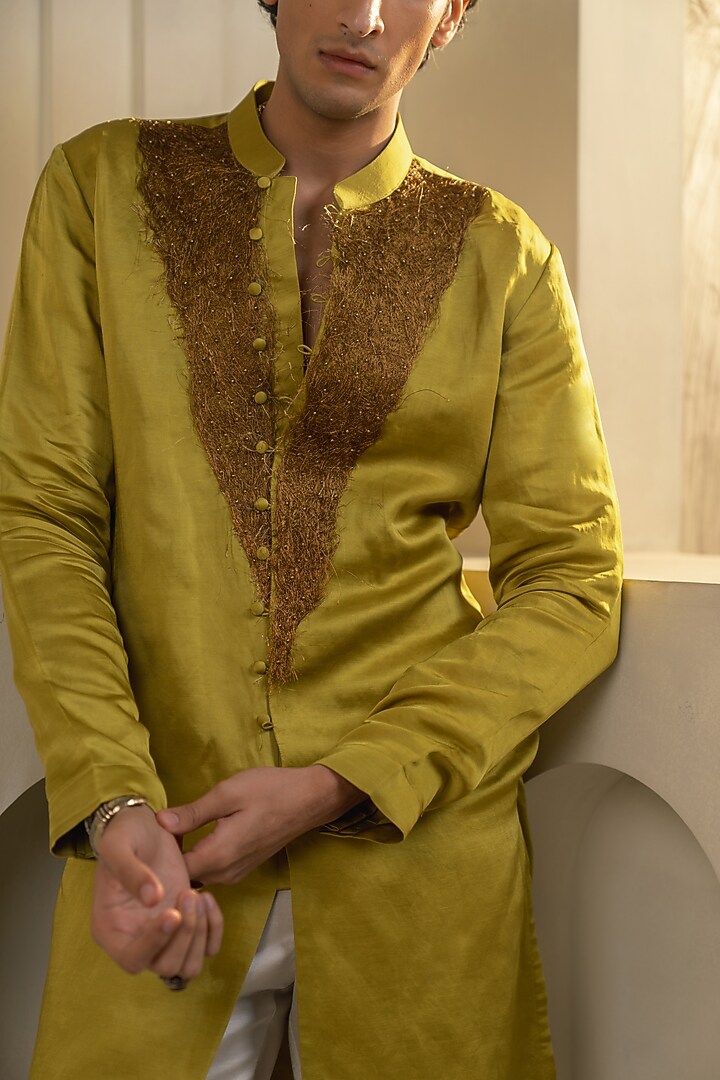 Gold Moss Linen Silk Zari Embellished Kurta Set by Jatin Malik at Pernia's Pop Up Shop