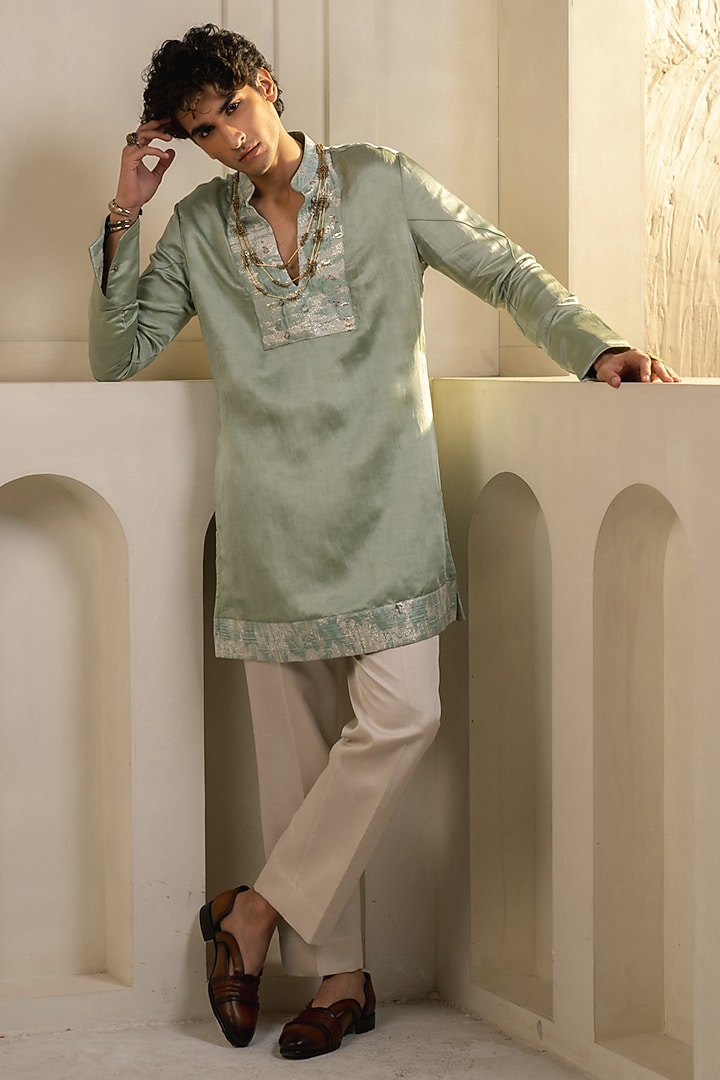 Mint Green Linen Silk Embellished Kurta Set by Jatin Malik at Pernia's Pop Up Shop
