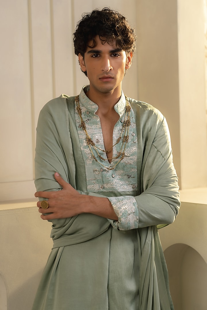 Mint Green Linen Silk Embellished Kurta Set by Jatin Malik at Pernia's Pop Up Shop
