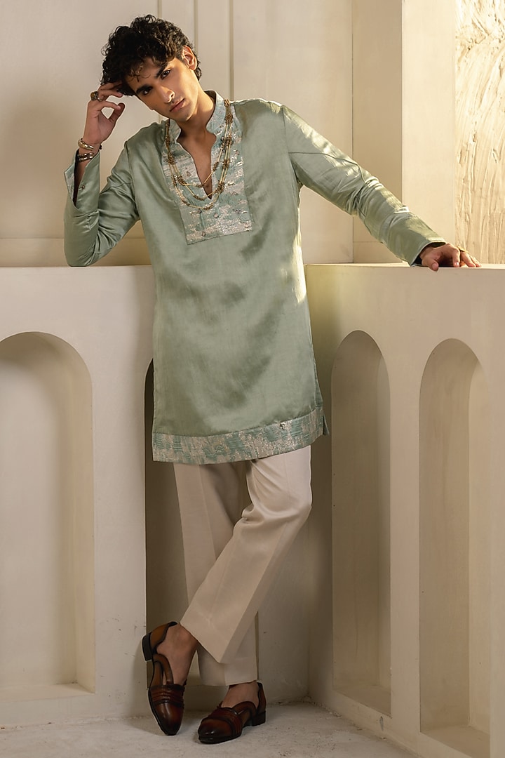 Mint Green Linen Silk Embellished Kurta Set by Jatin Malik at Pernia's Pop Up Shop
