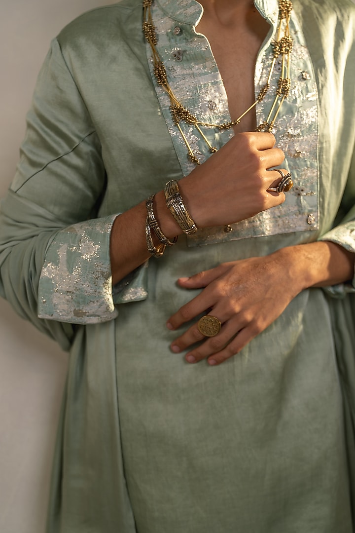 Mint Green Linen Silk Embellished Kurta Set by Jatin Malik at Pernia's Pop Up Shop