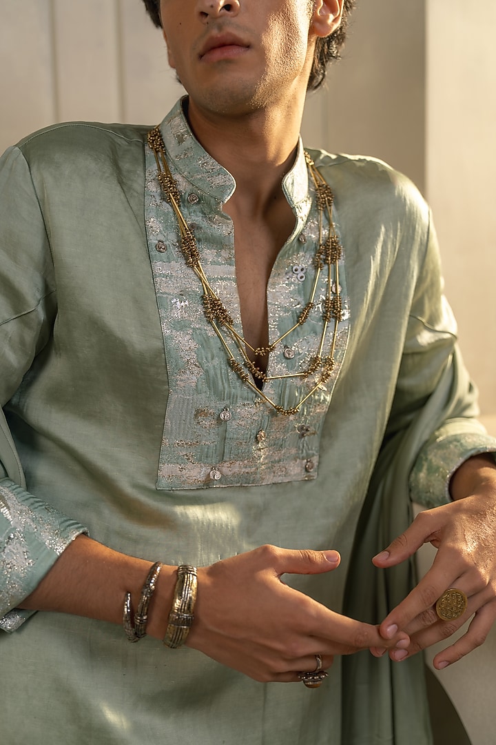 Mint Green Linen Silk Embellished Kurta Set by Jatin Malik at Pernia's Pop Up Shop