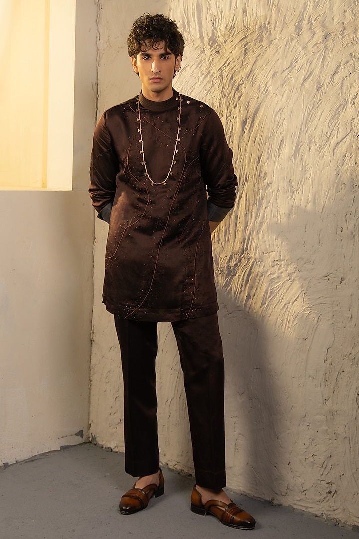 Dark Brown Linen Silk Moti Embroidered Kurta Set by Jatin Malik at Pernia's Pop Up Shop