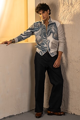 Ivory Crepe & Denim Bomber Jacket Set by Jatin Malik