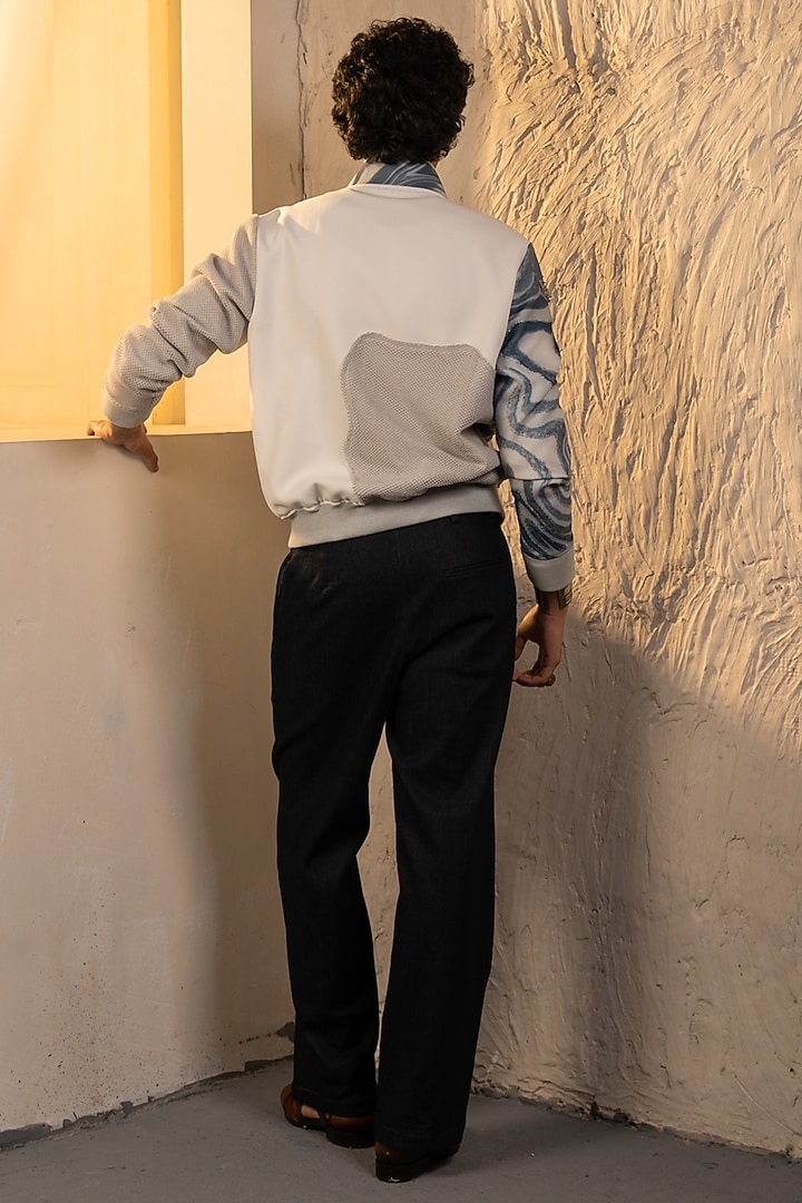 Ivory Crepe & Denim Bomber Jacket Set by Jatin Malik at Pernia's Pop Up Shop