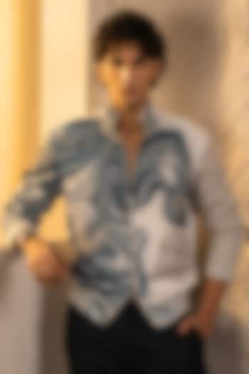 Ivory Crepe & Denim Bomber Jacket by Jatin Malik at Pernia's Pop Up Shop