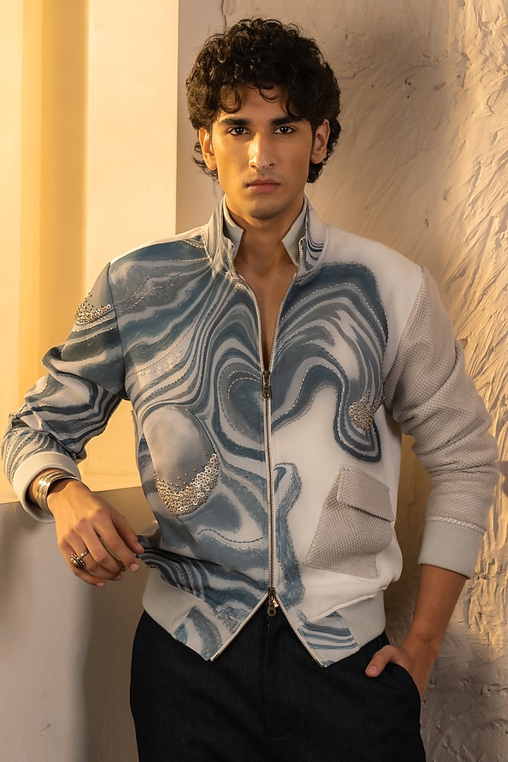 Ivory Crepe & Denim Bomber Jacket by Jatin Malik at Pernia's Pop Up Shop