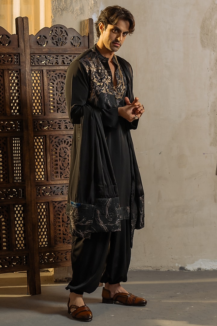Black Silk Crepe Patchwork Kurta Set by Jatin Malik at Pernia's Pop Up Shop