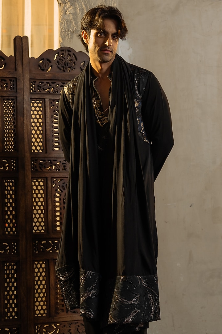 Black Silk Crepe Patchwork Kurta Set by Jatin Malik at Pernia's Pop Up Shop