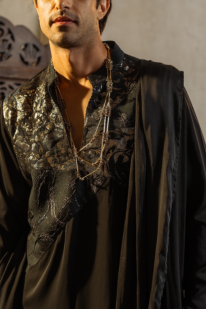 Black Silk Crepe Patchwork Kurta Set by Jatin Malik at Pernia's Pop Up Shop
