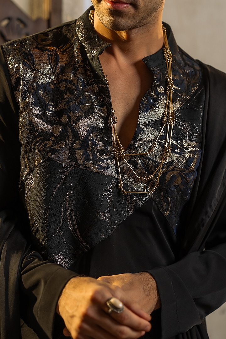 Black Silk Crepe Patchwork Kurta Set by Jatin Malik at Pernia's Pop Up Shop