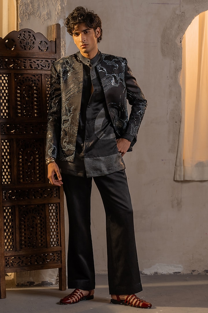 Charcoal Grey Linen Silk Handpainted & Patchwork Jacket Set by Jatin Malik at Pernia's Pop Up Shop
