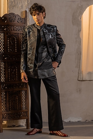 Charcoal Grey Linen Silk Handpainted & Patchwork Jacket Set by Jatin Malik