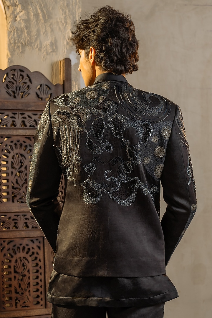 Charcoal Grey Linen Silk Handpainted & Patchwork Jacket Set by Jatin Malik at Pernia's Pop Up Shop