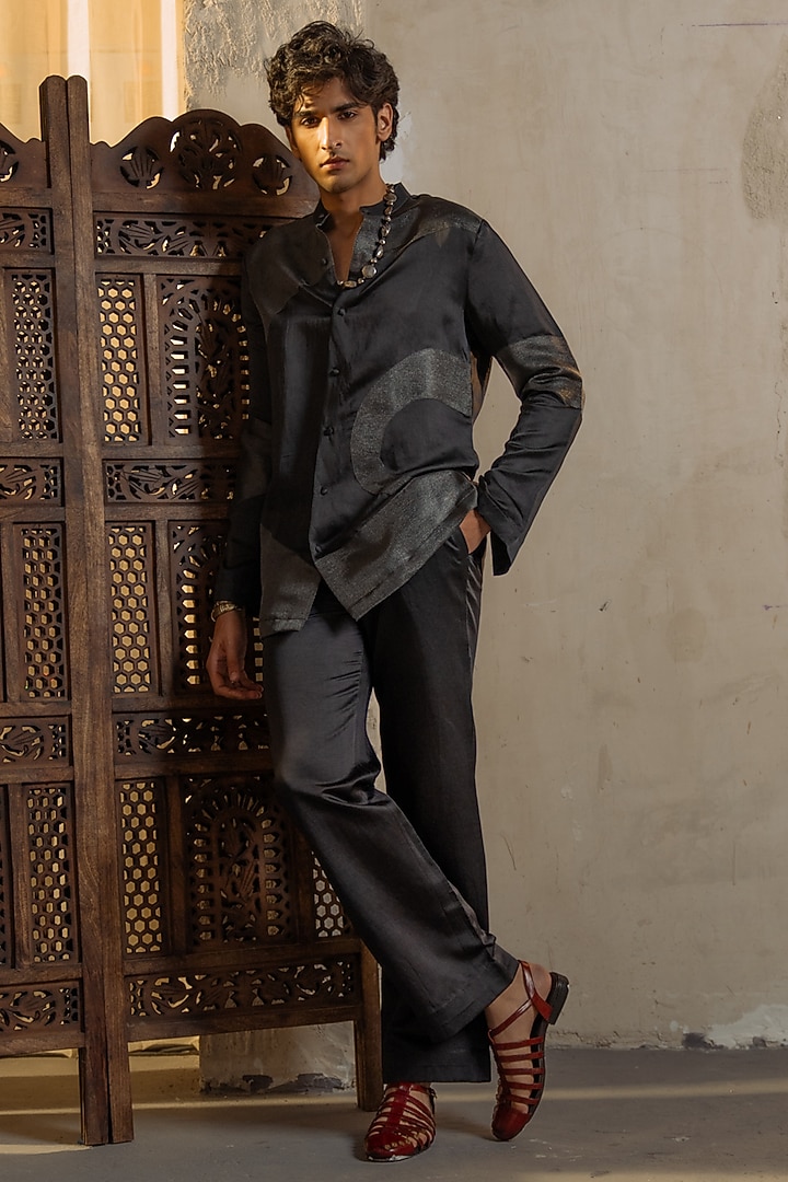 Charcoal Grey Linen Silk Handpainted & Patchwork Jacket Set by Jatin Malik at Pernia's Pop Up Shop
