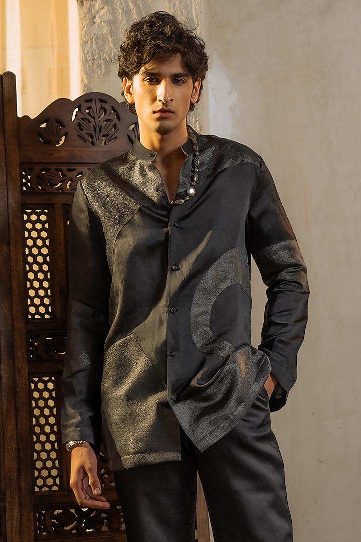 Charcoal Grey Linen Silk Handpainted & Patchwork Jacket Set by Jatin Malik at Pernia's Pop Up Shop