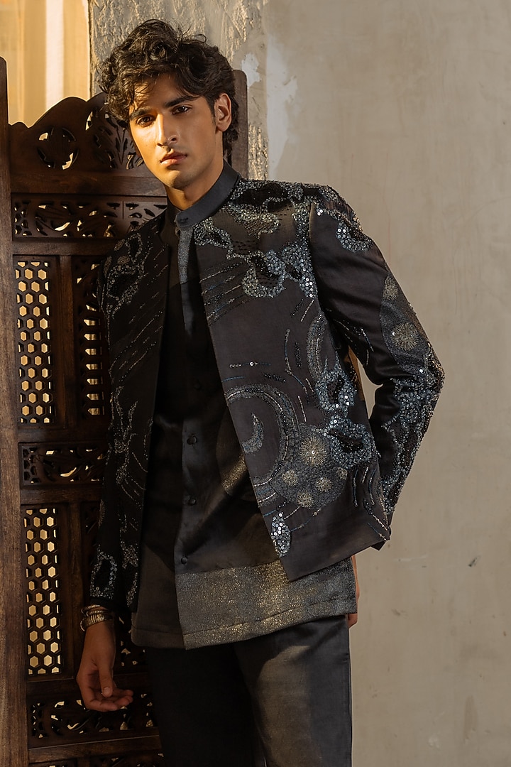 Charcoal Grey Linen Silk Handpainted & Patchwork Jacket Set by Jatin Malik at Pernia's Pop Up Shop