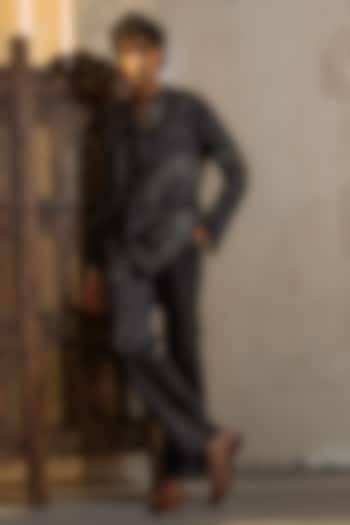 Charcoal Grey Linen Silk Patchwork Kurta Set by Jatin Malik at Pernia's Pop Up Shop