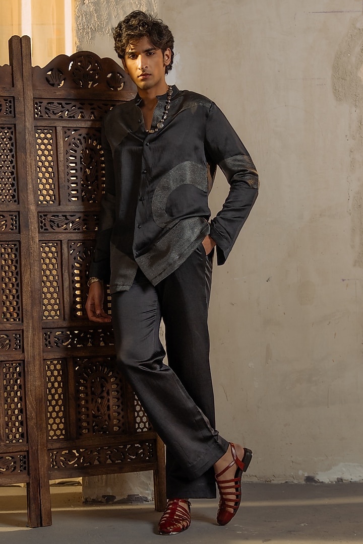 Charcoal Grey Linen Silk Patchwork Kurta Set by Jatin Malik at Pernia's Pop Up Shop