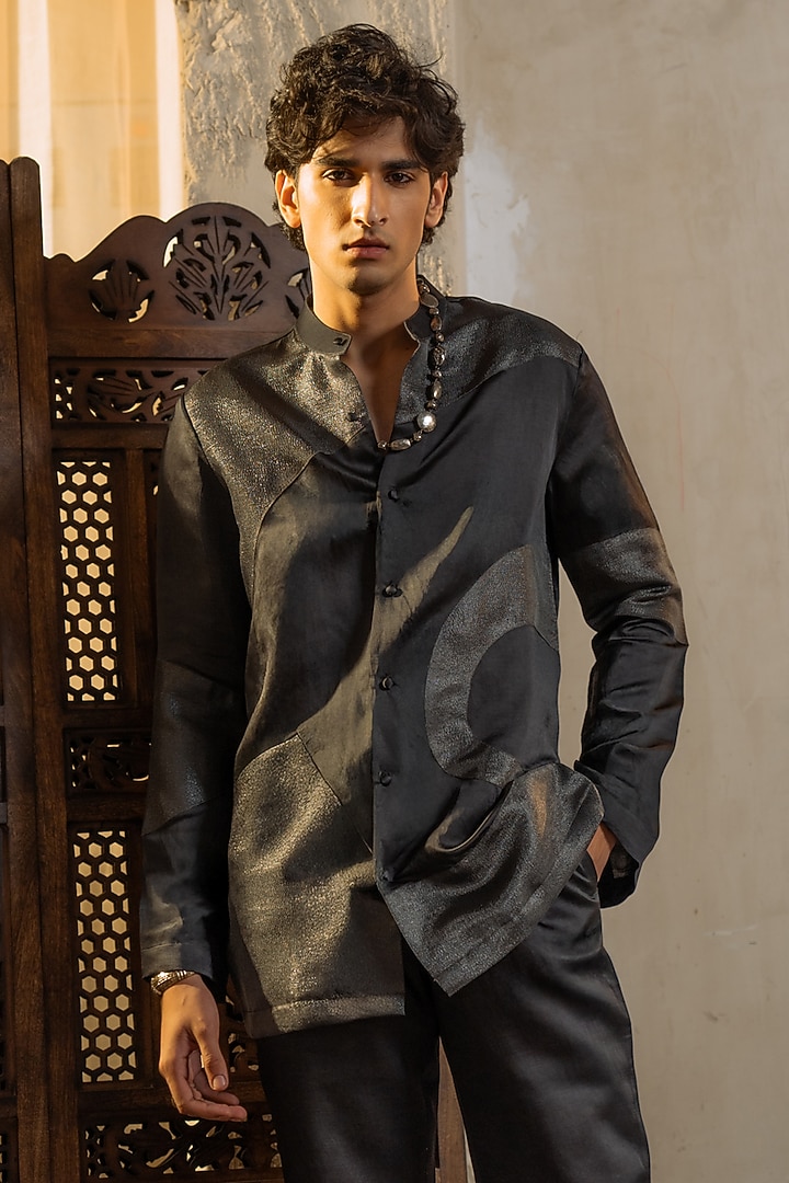 Charcoal Grey Linen Silk Patchwork Kurta Set by Jatin Malik at Pernia's Pop Up Shop
