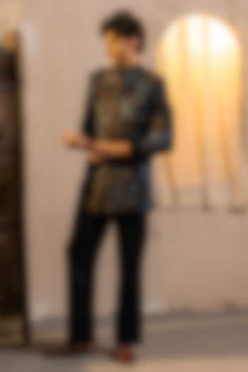 Midnight Blue Linen Silk Embroidered Groom Bandhgala Set by Jatin Malik at Pernia's Pop Up Shop