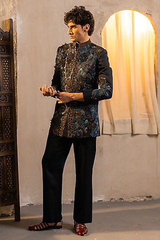 Midnight Blue Linen Silk Embroidered Bandhgala Set by Jatin Malik
