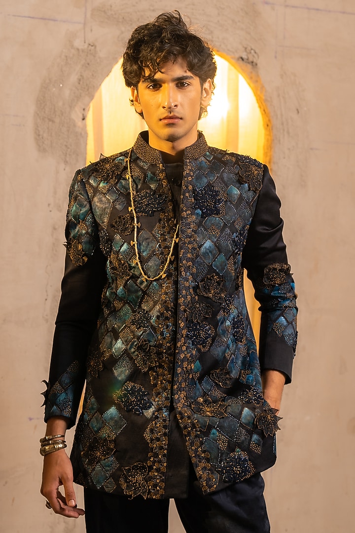 Midnight Blue Linen Silk Embroidered Groom Bandhgala Set by Jatin Malik at Pernia's Pop Up Shop