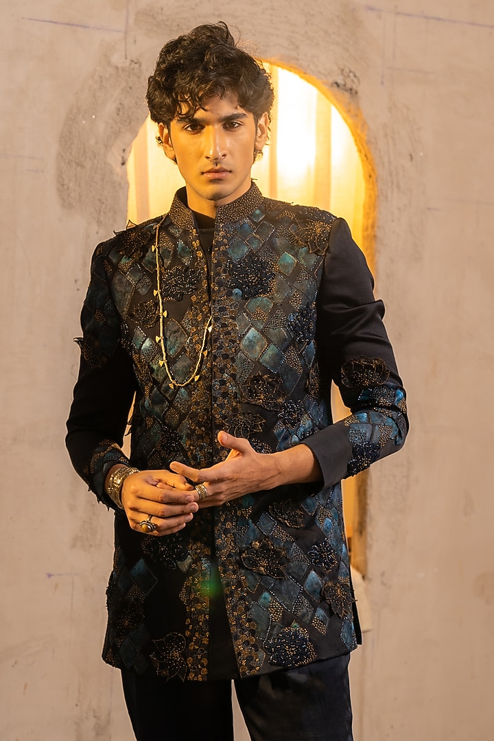 Midnight Blue Linen Silk Embroidered Groom Bandhgala Set by Jatin Malik at Pernia's Pop Up Shop
