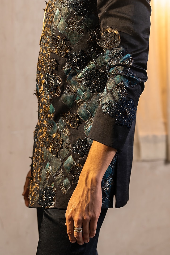 Midnight Blue Linen Silk Embroidered Groom Bandhgala Set by Jatin Malik at Pernia's Pop Up Shop