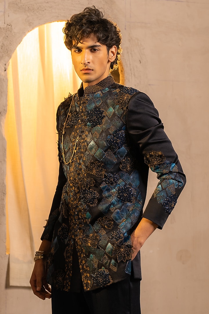 Midnight Blue Linen Silk Embroidered Groom Bandhgala Set by Jatin Malik at Pernia's Pop Up Shop