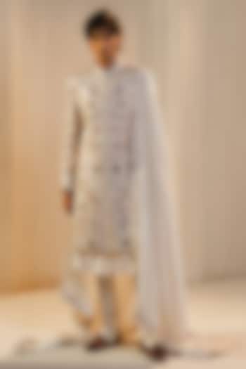 Ivory Linen Silk Handpainted & Hand Embroidered Groom Sherwani Set by Jatin Malik at Pernia's Pop Up Shop