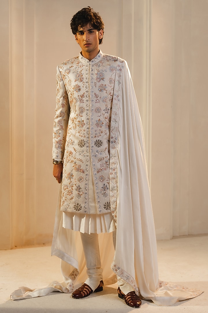 Ivory Linen Silk Handpainted & Hand Embroidered Groom Sherwani Set by Jatin Malik at Pernia's Pop Up Shop