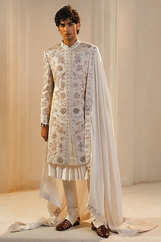 Ivory Linen Silk Handpainted & Hand Embroidered Sherwani Set by Jatin Malik