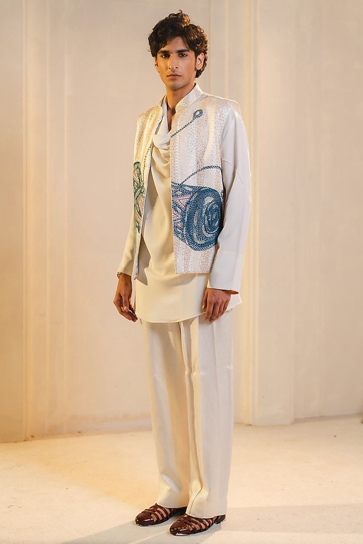 Ivory Slub Silk Hand Embroidered Open Nehru Jacket Set by Jatin Malik at Pernia's Pop Up Shop