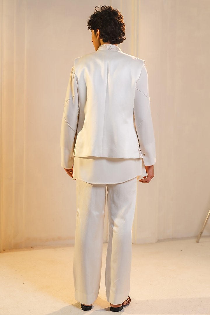 Ivory Slub Silk Hand Embroidered Open Nehru Jacket Set by Jatin Malik at Pernia's Pop Up Shop