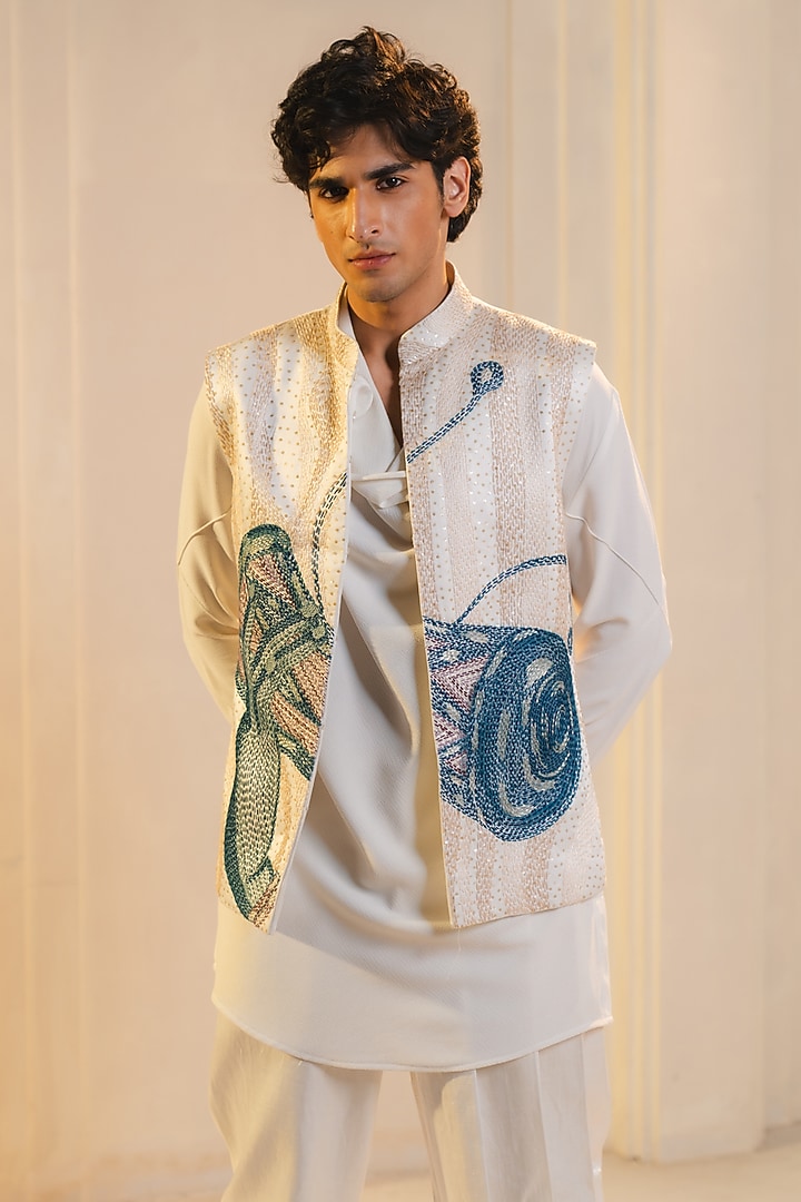 Ivory Slub Silk Hand Embroidered Open Nehru Jacket Set by Jatin Malik at Pernia's Pop Up Shop