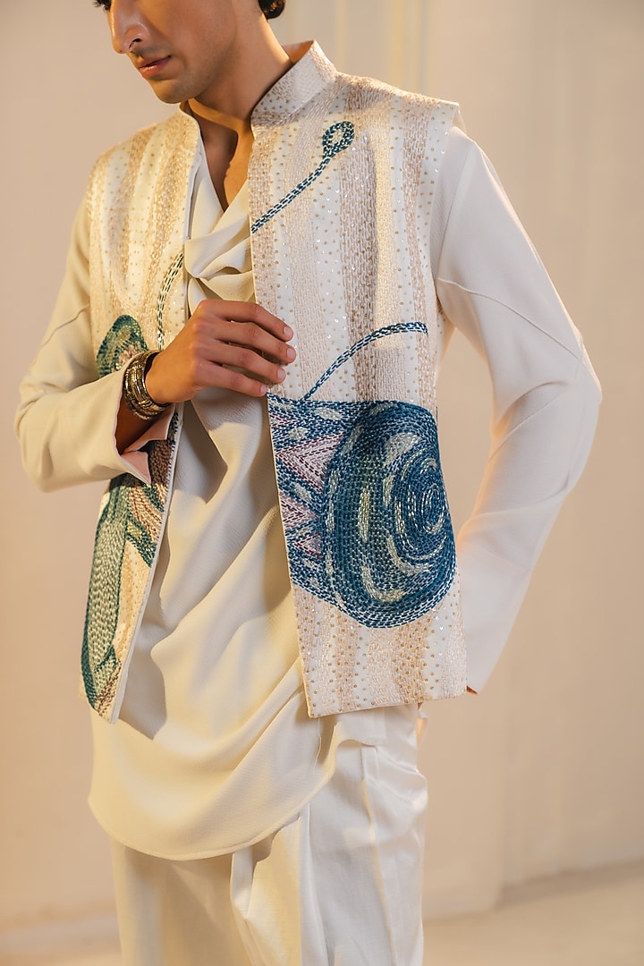 Ivory Slub Silk Hand Embroidered Open Nehru Jacket Set by Jatin Malik at Pernia's Pop Up Shop