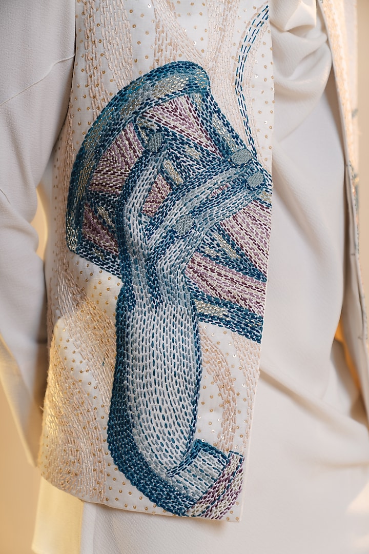 Ivory Slub Silk Hand Embroidered Open Nehru Jacket Set by Jatin Malik at Pernia's Pop Up Shop