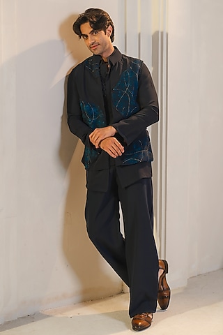 Midnight Blue Silk Crepe Hand Embroidered Nehru Jacket Set by Jatin Malik