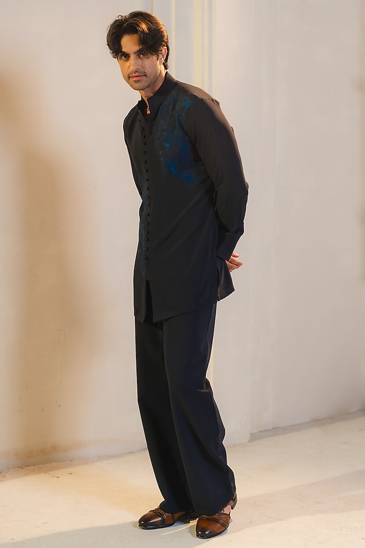 Midnight Blue Silk Crepe Hand Embroidered Nehru Jacket Set by Jatin Malik at Pernia's Pop Up Shop