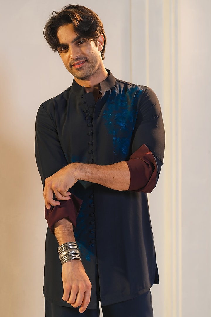 Midnight Blue Silk Crepe Hand Embroidered Nehru Jacket Set by Jatin Malik at Pernia's Pop Up Shop
