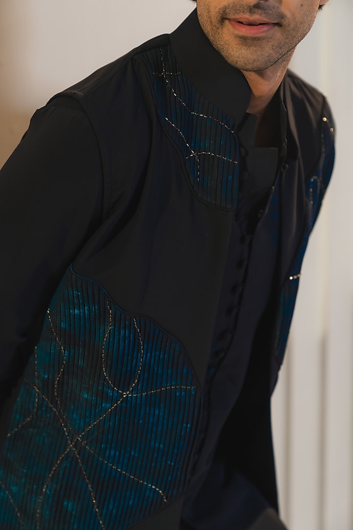 Midnight Blue Silk Crepe Hand Embroidered Nehru Jacket Set by Jatin Malik at Pernia's Pop Up Shop