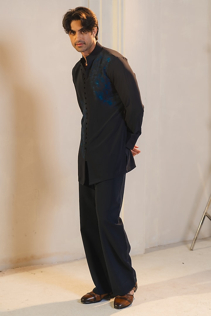 Midnight Blue Silk Crepe Handpainted Kurta Set by Jatin Malik at Pernia's Pop Up Shop