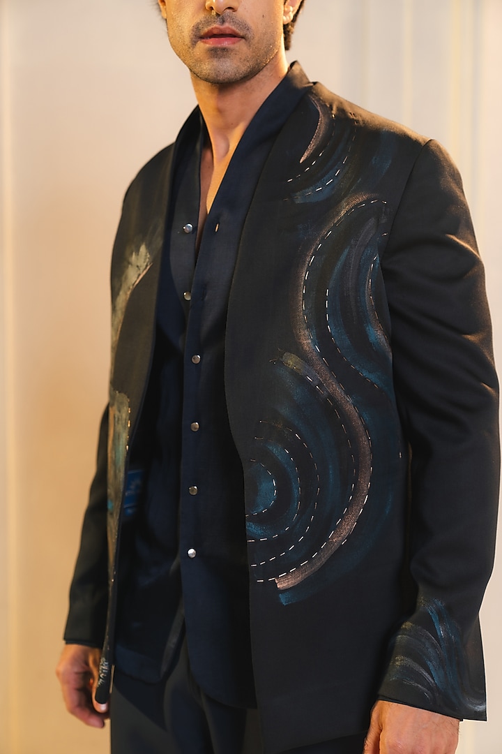 Black Modal Rayon Handwork Blazer Set by Jatin Malik at Pernia's Pop Up Shop