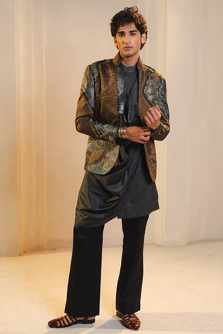 Bronze Gold Tissue Embellished Short Jacket Set by Jatin Malik at Pernia's Pop Up Shop