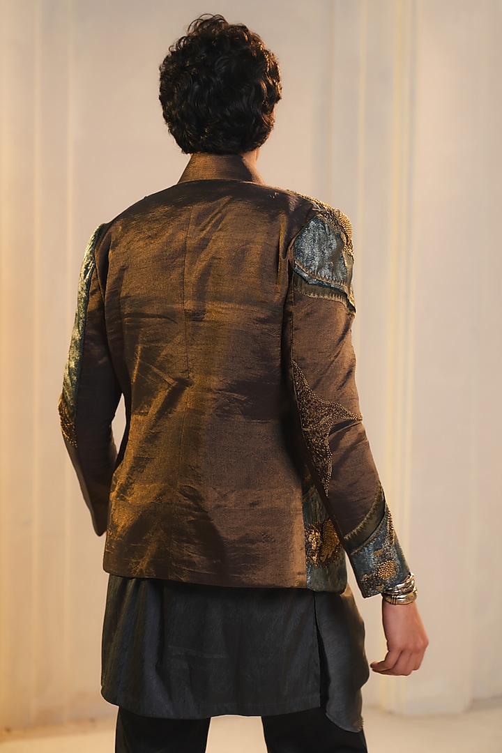 Bronze Gold Tissue Embellished Short Jacket Set by Jatin Malik at Pernia's Pop Up Shop