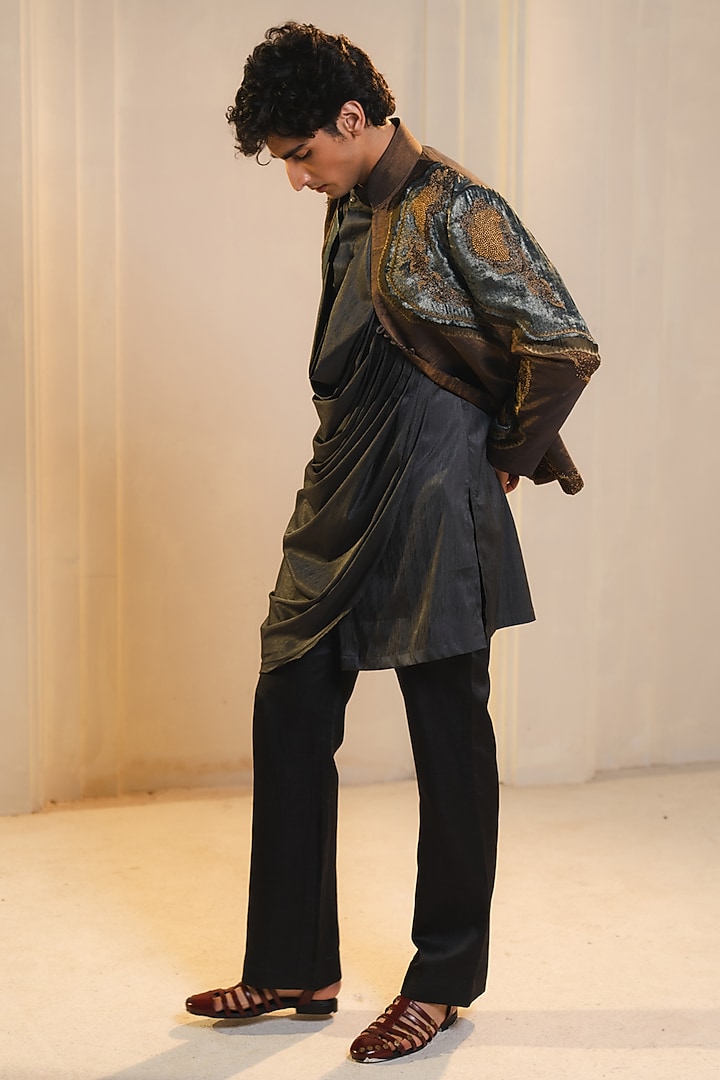 Bronze Gold Tissue Embellished Short Jacket Set by Jatin Malik at Pernia's Pop Up Shop